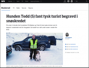 Faksimile fra Nrk Buskerud viser helten "Tedd" som er redningshunden som fant en tysk turist som ble rammet av et skred uken før konferansen gikk av stabelen.